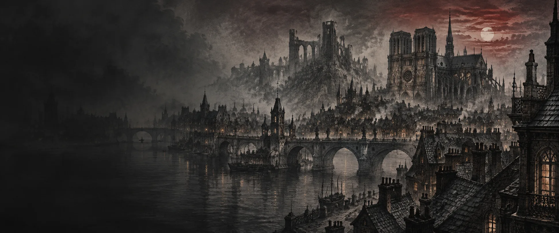 Original illustration of a moonlit Gothic city, decorative artwork rather than an in-game scene